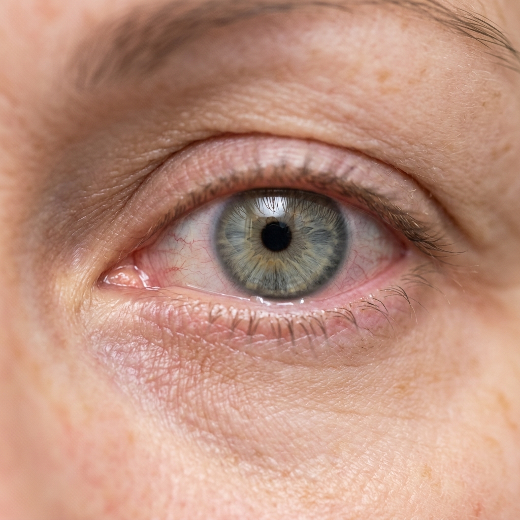 Primo piano clinico di un occhio femminile con arrossamento congiuntivale tipico dell'occhio secco in menopausa