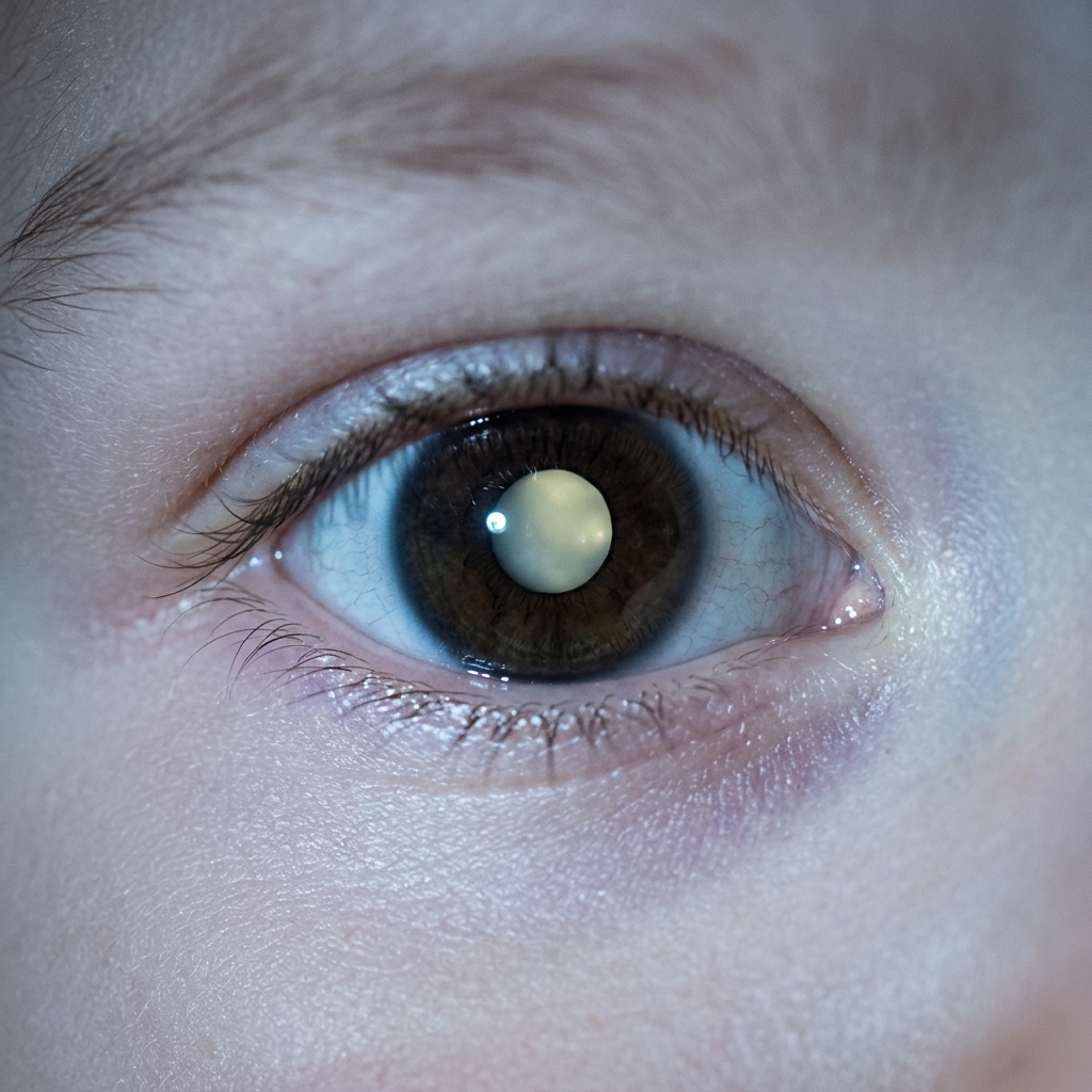 Primo piano clinico dell'occhio di un bambino che mostra leucocoria (riflesso bianco della pupilla), sintomo principale del retinoblastoma infantile
