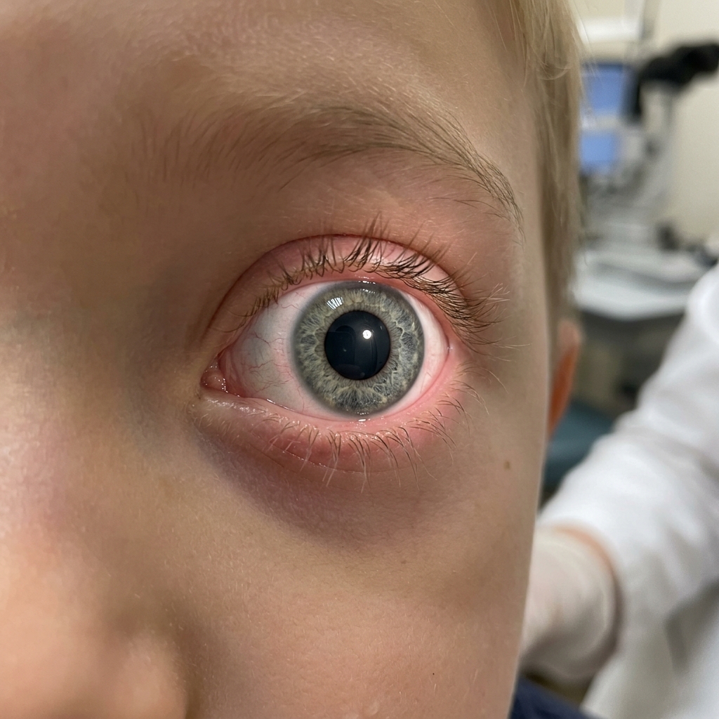 Primo piano clinico dell'occhio di un bambino con pupilla dilatata (midriasi) dopo la somministrazione di collirio cicloplegico