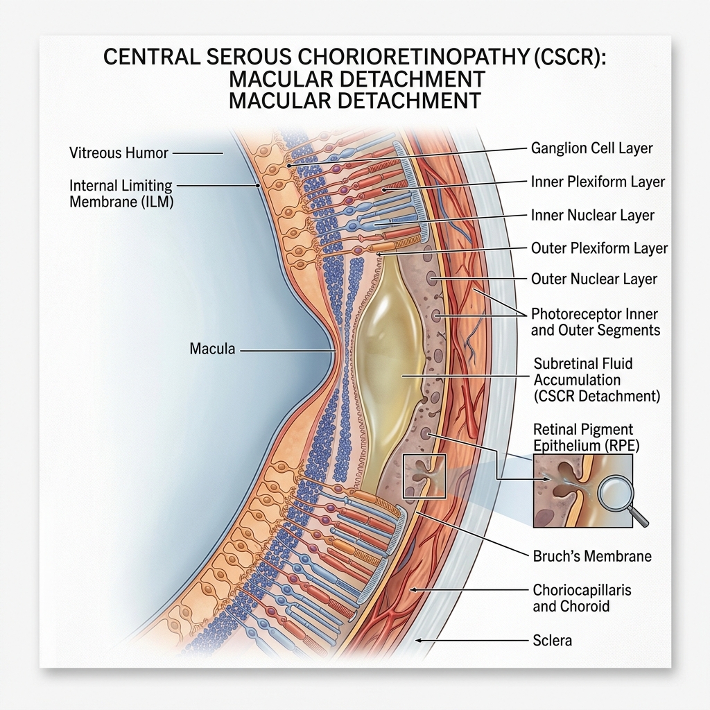 Rappresentazione anatomica della retina con accumulo di liquido sottoretinico e distacco maculare sieroso